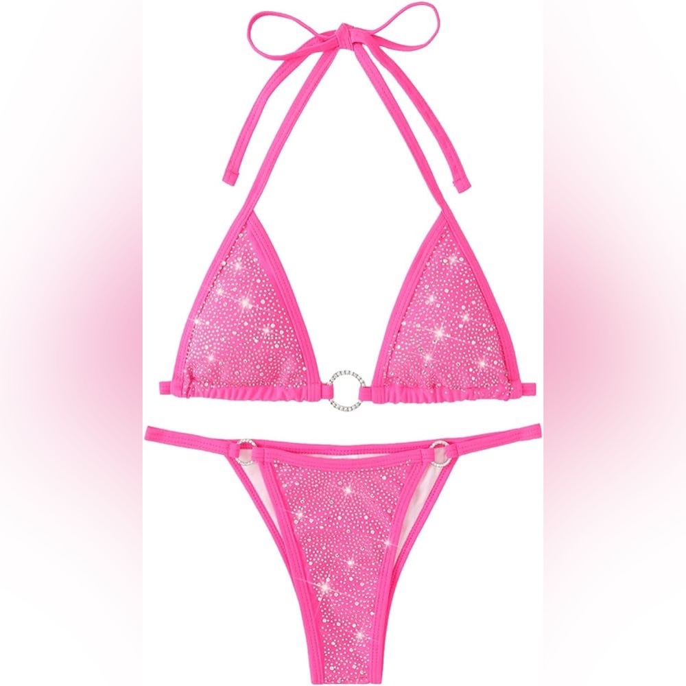 NWT Rhinestone Halter Triangle O Ring Top String Bikini